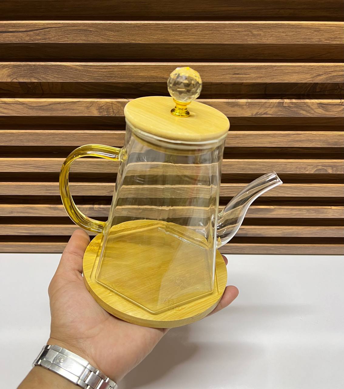 Théière et Cafetière en Verre avec Poignée en Cristal et Base en Bois