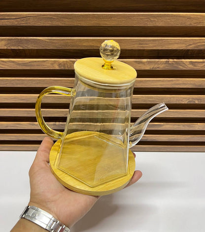 Théière et Cafetière en Verre avec Poignée en Cristal et Base en Bois