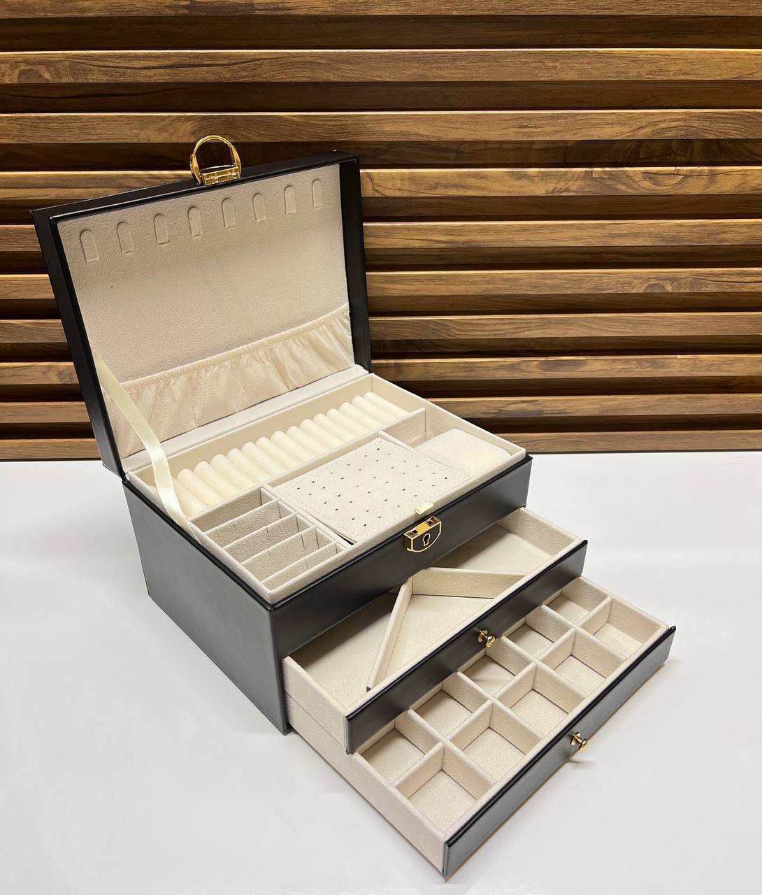Coffret à bijoux de luxe empilable avec couvercle en verre - Noir ou blanc