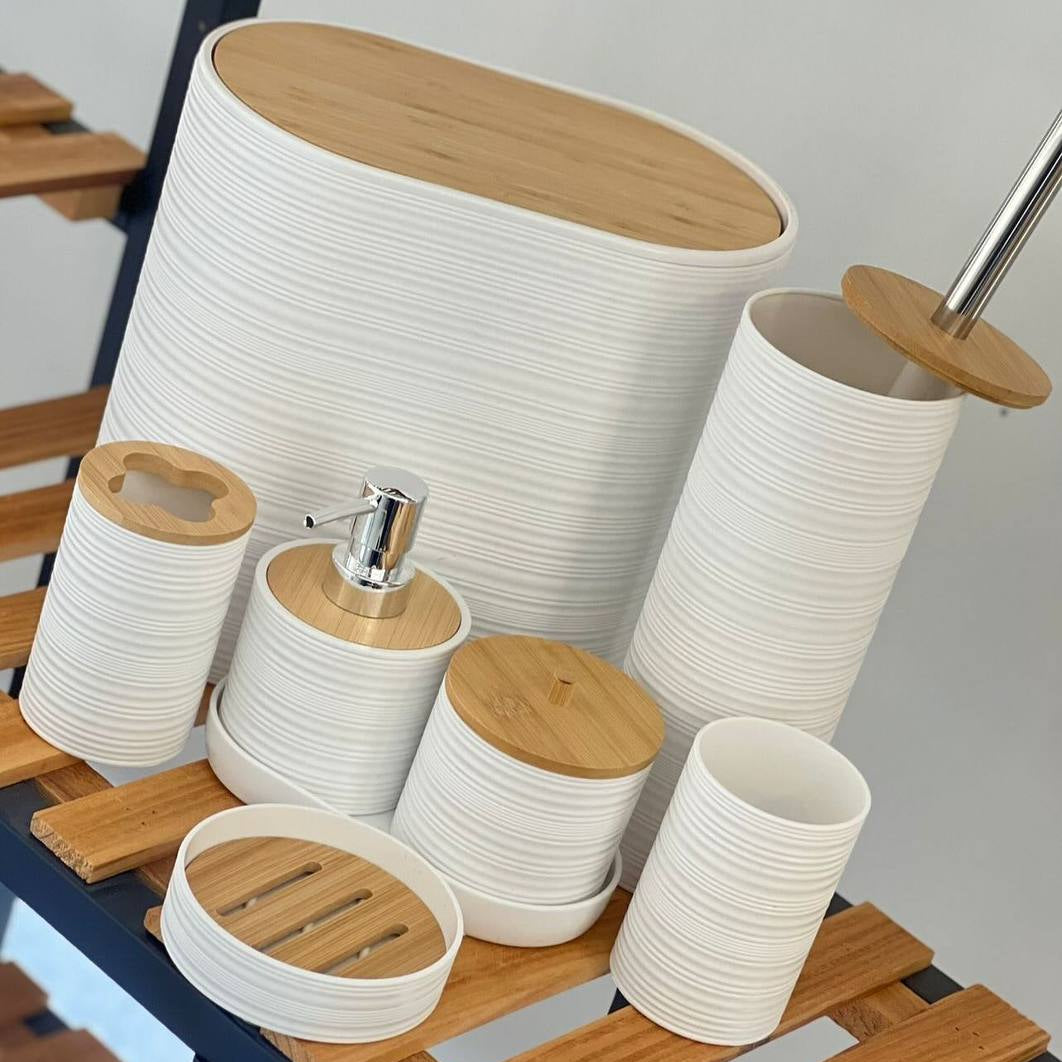 Ensemble d'Accessoires de Salle de Bain Noir &amp; Bambou – Set Complet 7 Pièces