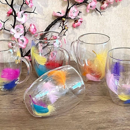 3 Tasses en Verre à Double Paroi avec Motif Plumes – Couleur Mix