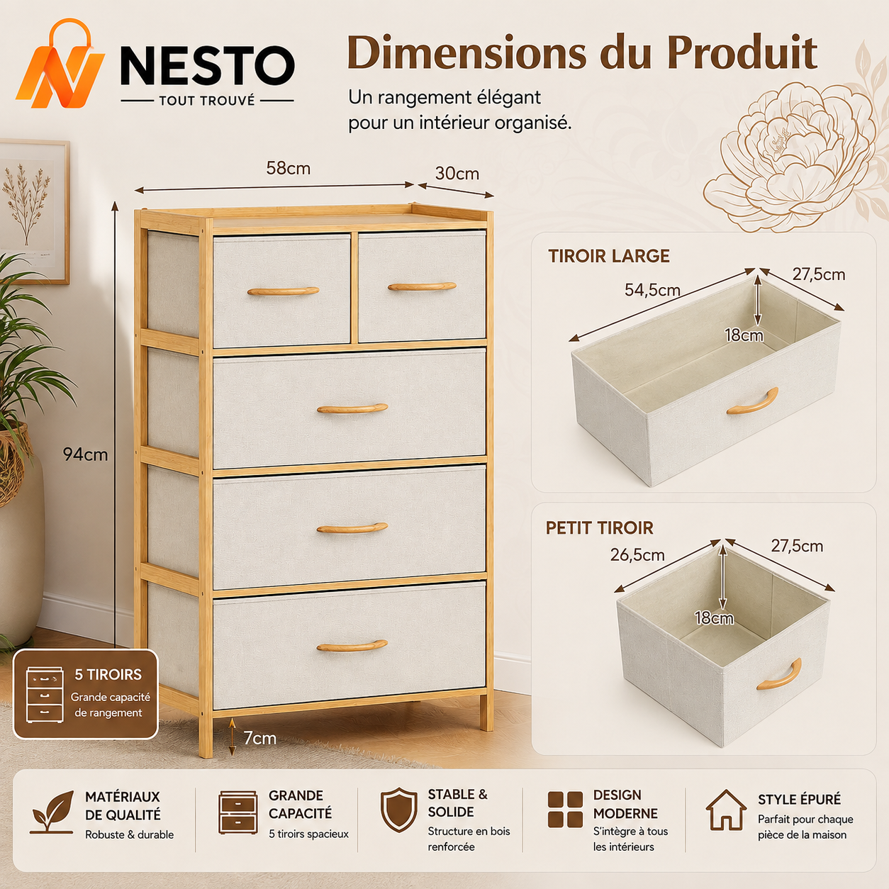 Commode 5 Tiroirs en Tissu et Bambou – Meuble de Rangement avec Dessus en Bois