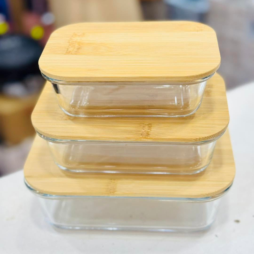 Lot de 3 Boîtes de Conservation en Verre et Bambou