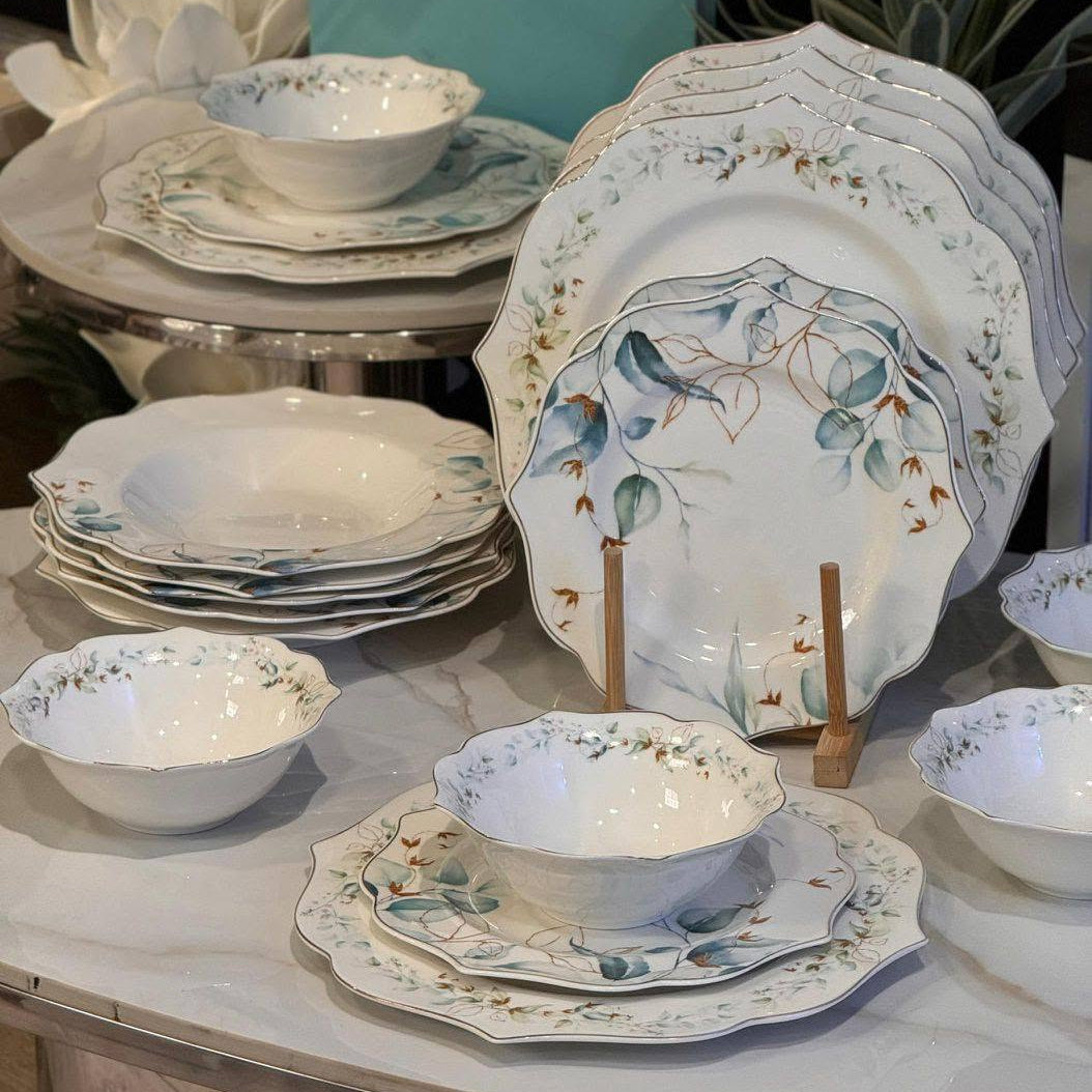 Service de Vaisselle en Porcelaine Motif Eucalyptus – Style Élégant & Champêtre 24Pcs