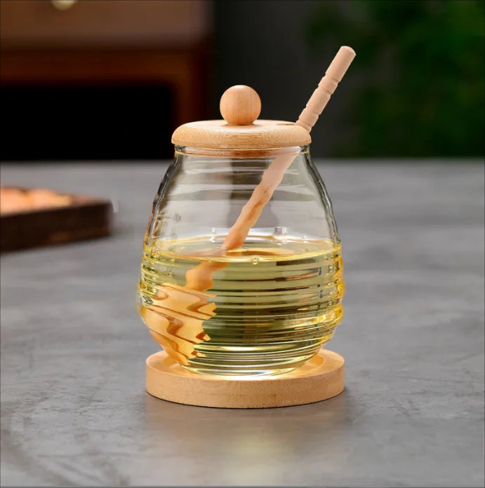 Pot à Miel en Verre Borosilicate avec Couvercle & Cuillère en Bambou