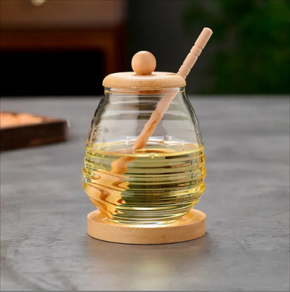 Pot à Miel en Verre Borosilicate avec Couvercle & Cuillère en Bambou