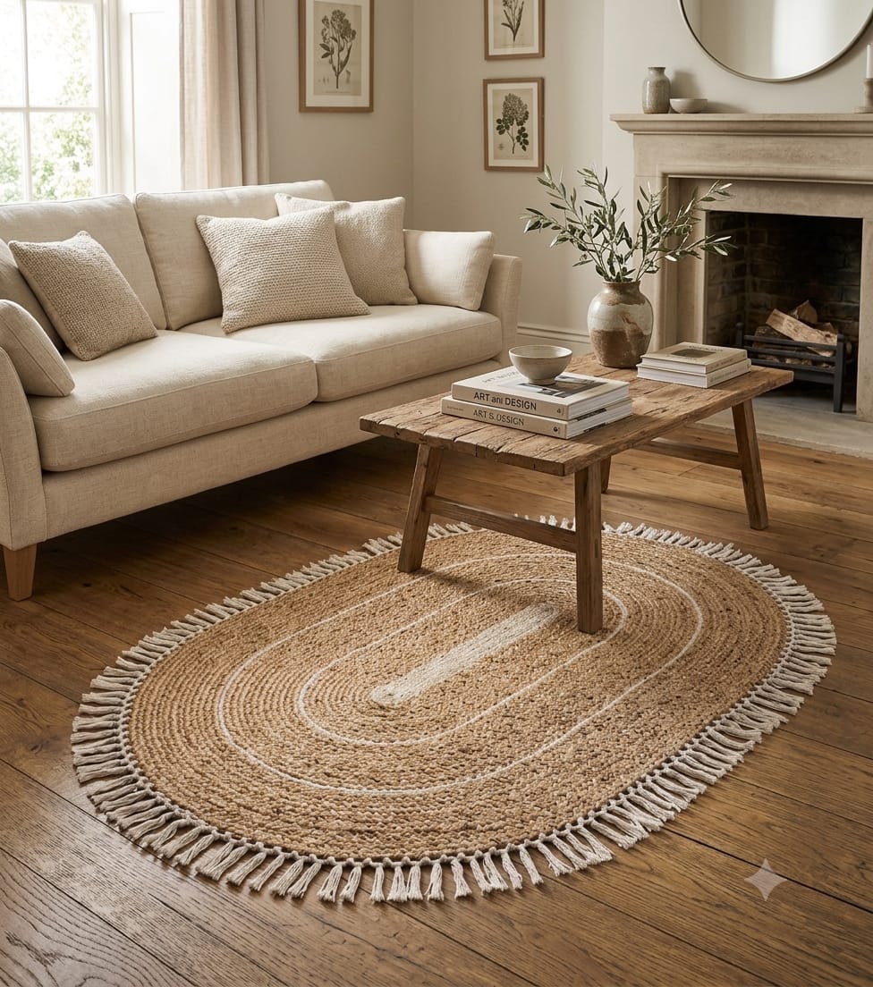 Tapis Ovale en Jute Naturel à Franges et Surpiqûres Blanches