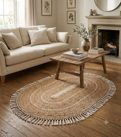 Tapis Ovale en Jute Naturel à Franges et Surpiqûres Blanches
