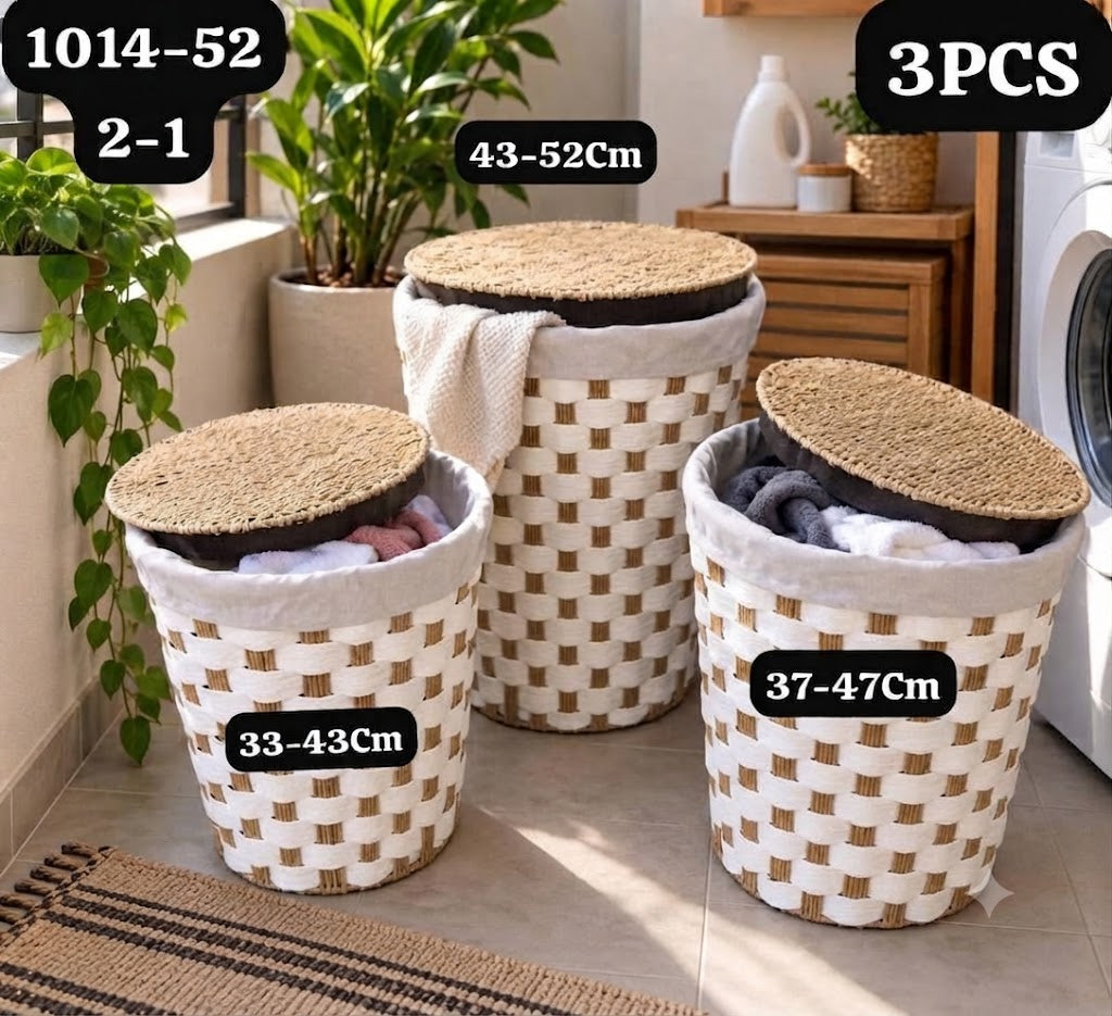 Set de 3 Paniers à Linge en Rotin Tressé avec Couvercle