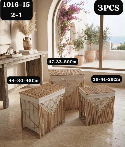 Set de 3 Coffres de Rangement Carrés en Rotin avec Couvercle