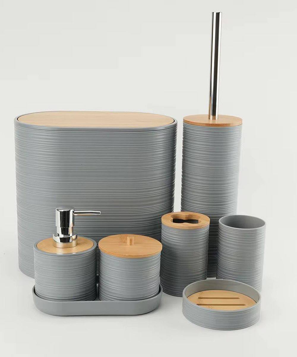 Ensemble d'Accessoires de Salle de Bain Noir &amp; Bambou – Set Complet 7 Pièces