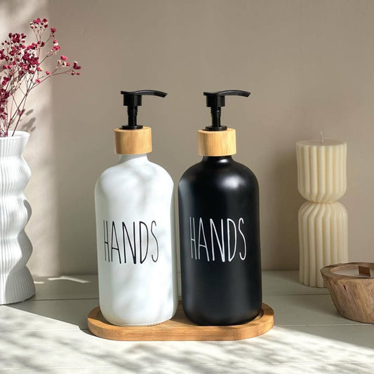 Distributeur de savon 500 ml avec plateau en bambou – Rechargeable
