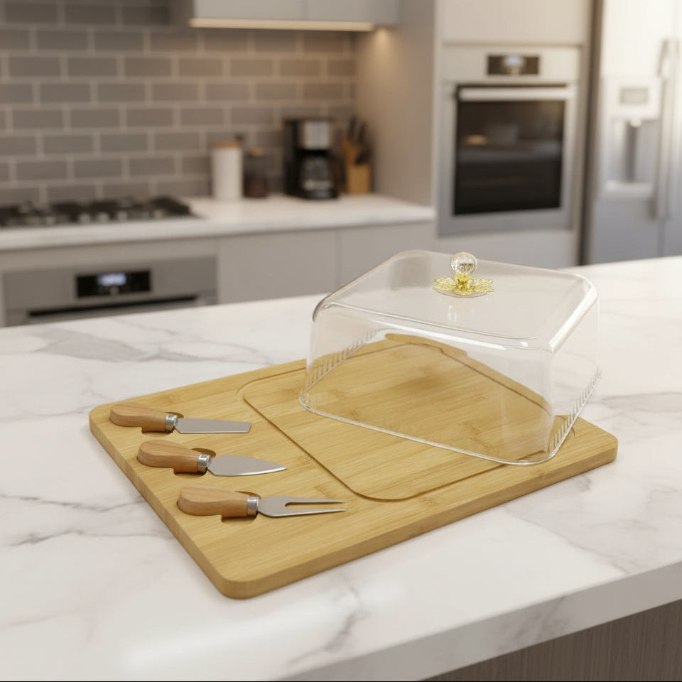 Plateau à Fromage en Bambou avec Cloche & Couteaux