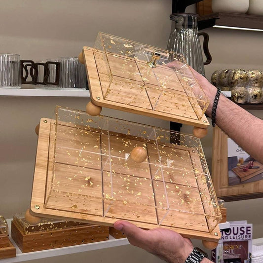 Vivosee™ Boîte de Service en Acrylique Compartimentée avec Base en Bois