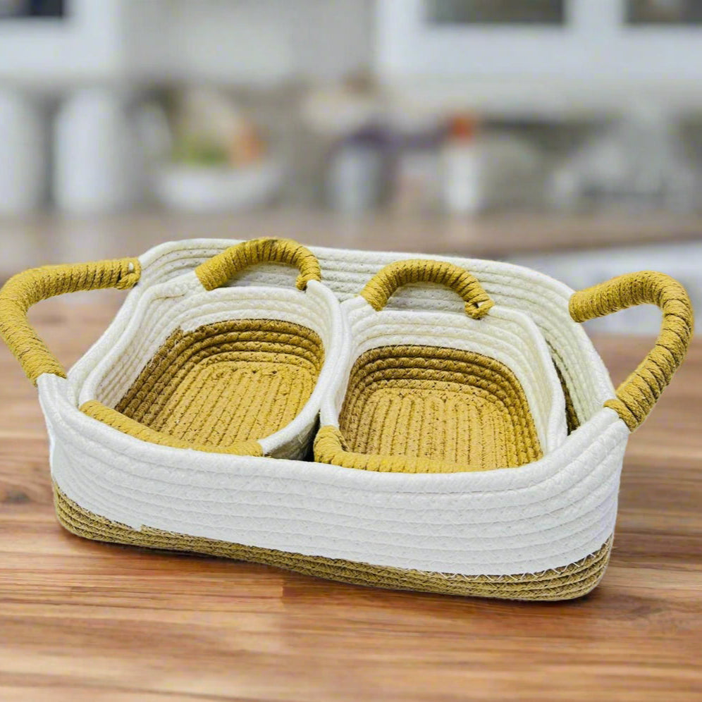 Lot de 3 Paniers de Rangement en Corde de Paille & Coton avec Poignées
