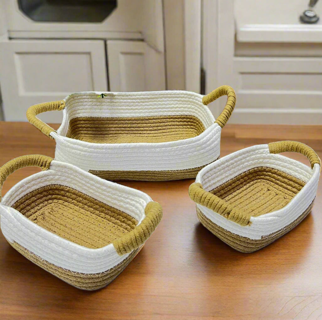 Lot de 3 Paniers de Rangement en Corde de Paille & Coton avec Poignées