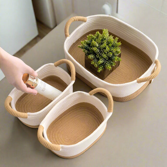 Lot de 3 Paniers de Rangement en Corde de Paille & Coton avec Poignées