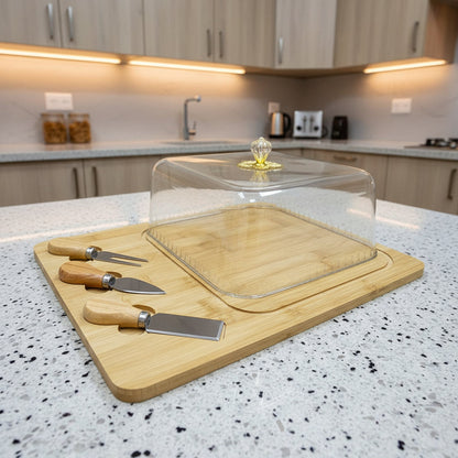 Plateau à Fromage en Bambou avec Cloche & Couteaux