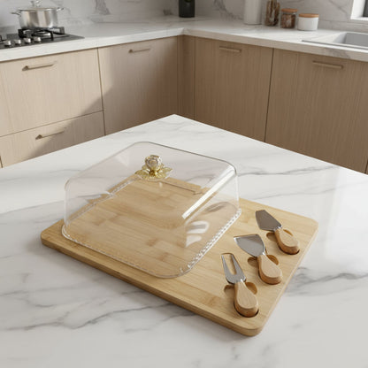 Plateau à Fromage en Bambou avec Cloche & Couteaux