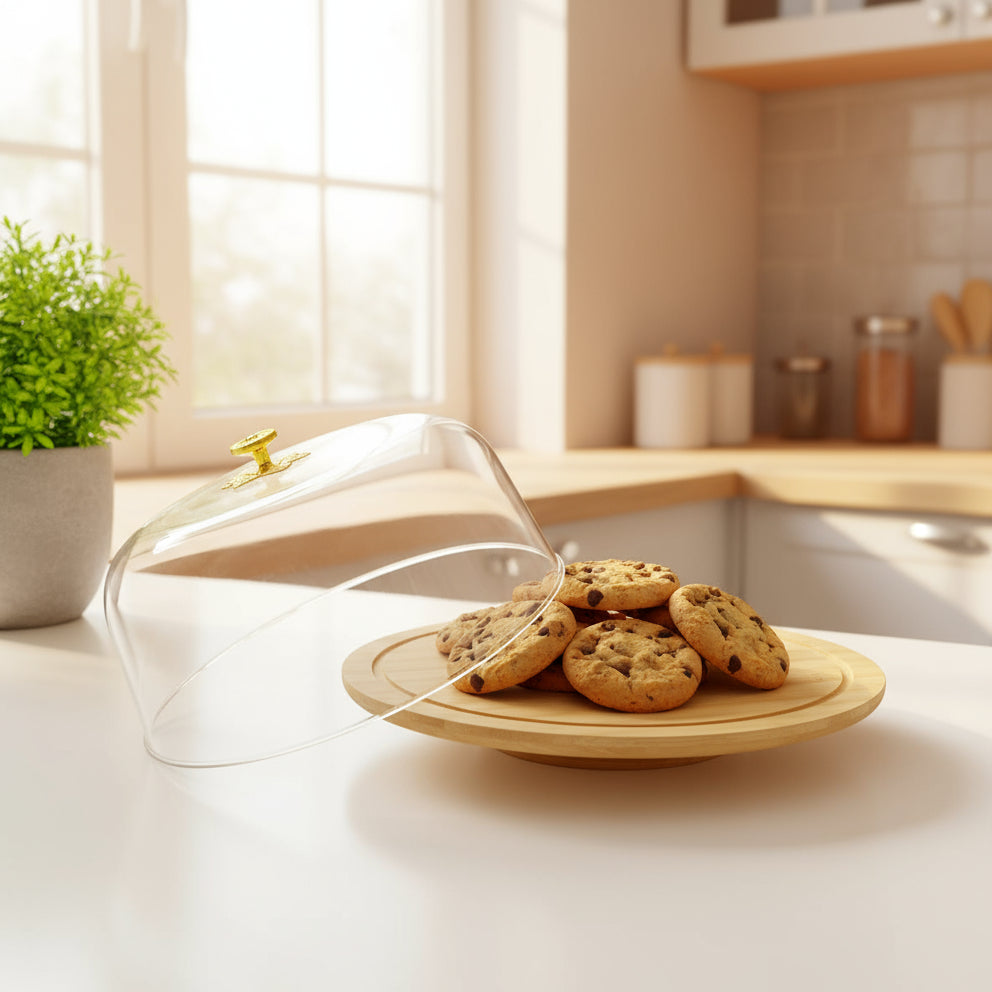 Cloche à gâteau élégante avec base en bambou