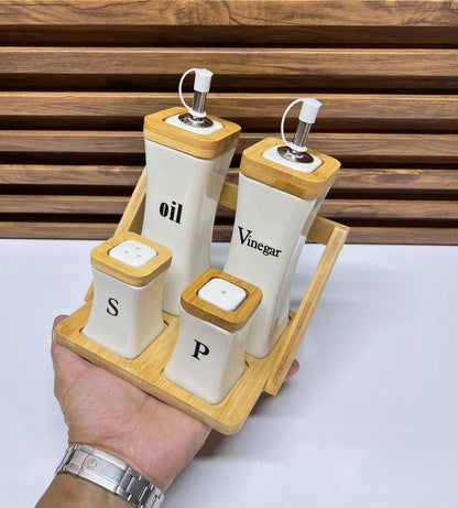 Ensemble Huile & Vinaigre en céramique avec support en bambou