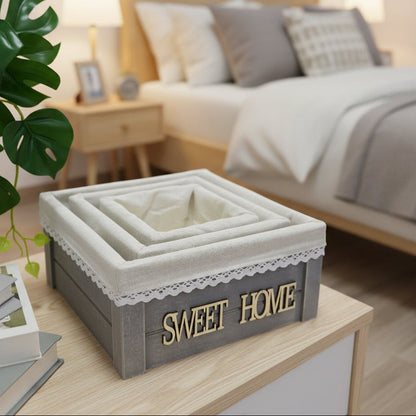 Ensemble de paniers décoratifs “HOME” en bois & tissu