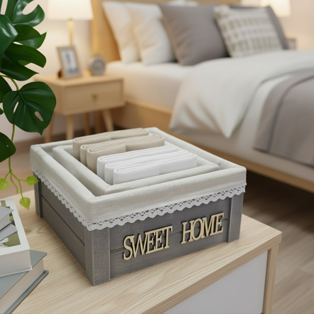 Ensemble de paniers décoratifs “HOME” en bois & tissu