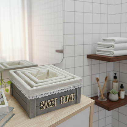 Ensemble de paniers décoratifs “HOME” en bois & tissu