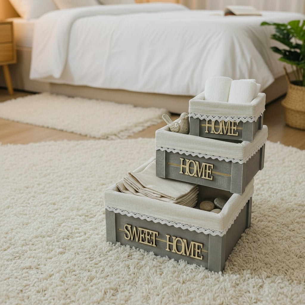 Ensemble de paniers décoratifs “HOME” en bois & tissu