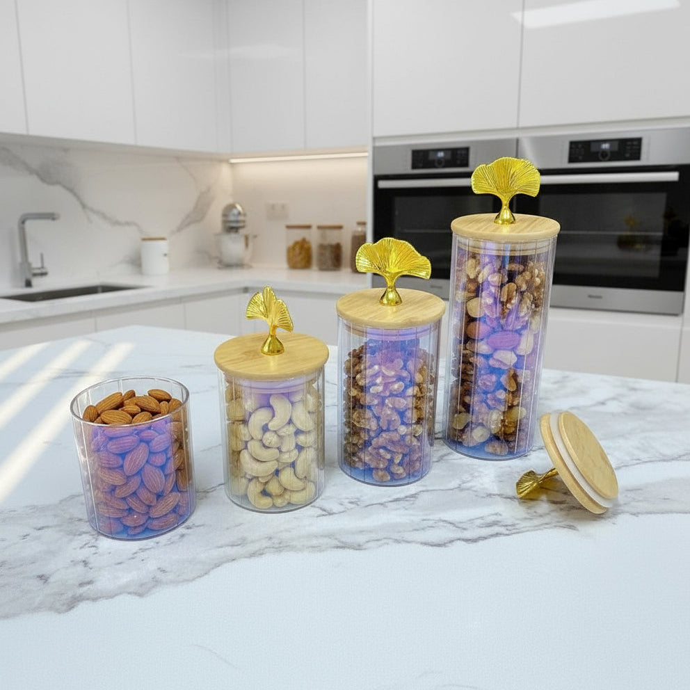 Set de bocaux décoratifs en verre irisé  avec couvercles en bois et poignée dorée