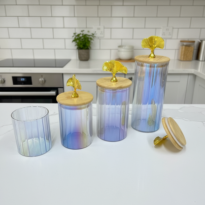 Set de bocaux décoratifs en verre irisé  avec couvercles en bois et poignée dorée