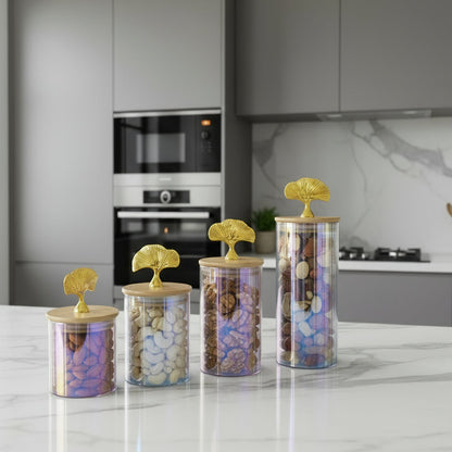 Set de bocaux décoratifs en verre irisé  avec couvercles en bois et poignée dorée