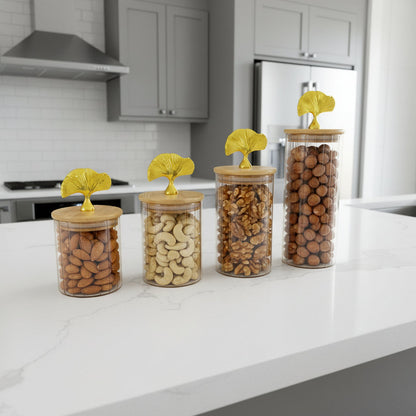 Set de bocaux décoratifs en verre irisé  avec couvercles en bois et poignée dorée