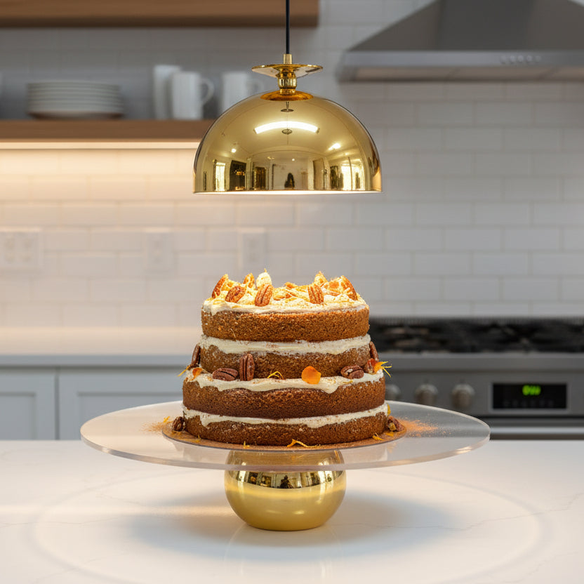 Présentoir à dessert en verre transparent et base dorée