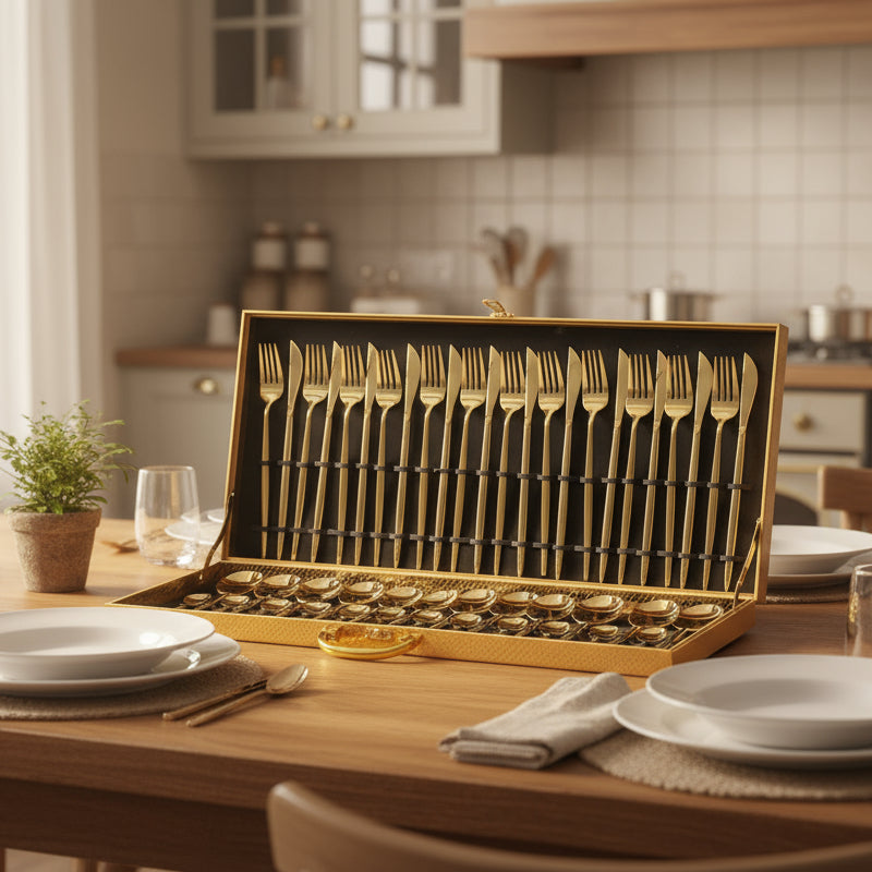 Ensemble de couverts dorés 48 pièces en acier inoxydable