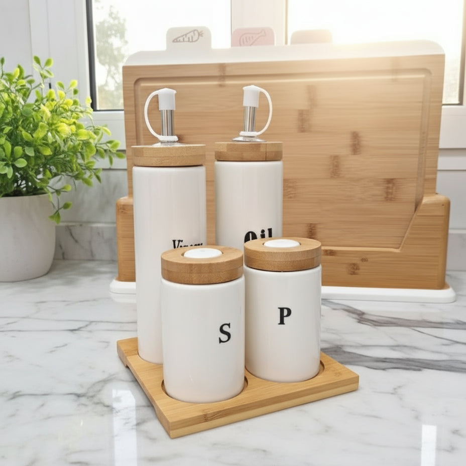 Set d’assaisonnement Huilier, Vinaigrier, Sel & Poivre avec plateau en bambou