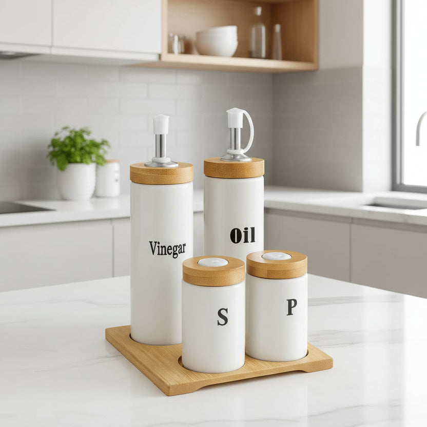 Set d’assaisonnement Huilier, Vinaigrier, Sel & Poivre avec plateau en bambou