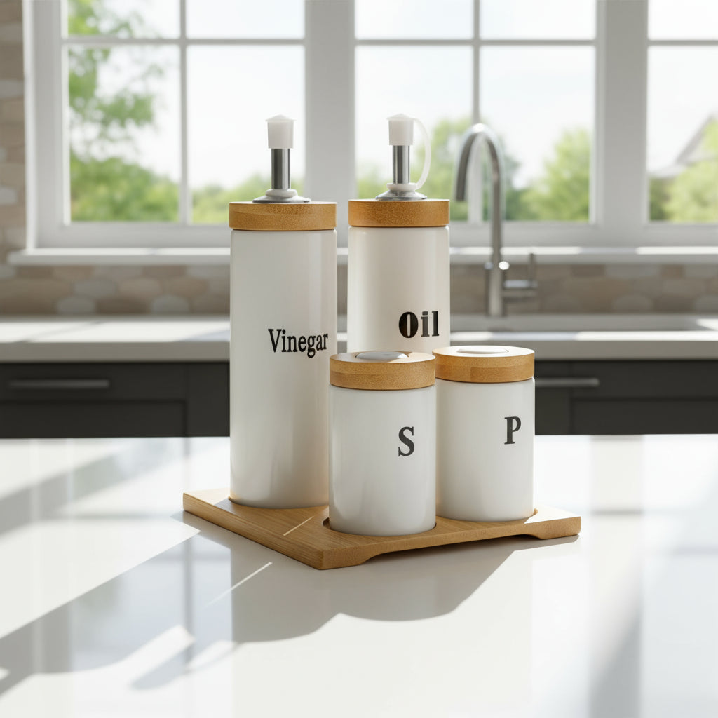 Set d’assaisonnement Huilier, Vinaigrier, Sel & Poivre avec plateau en bambou