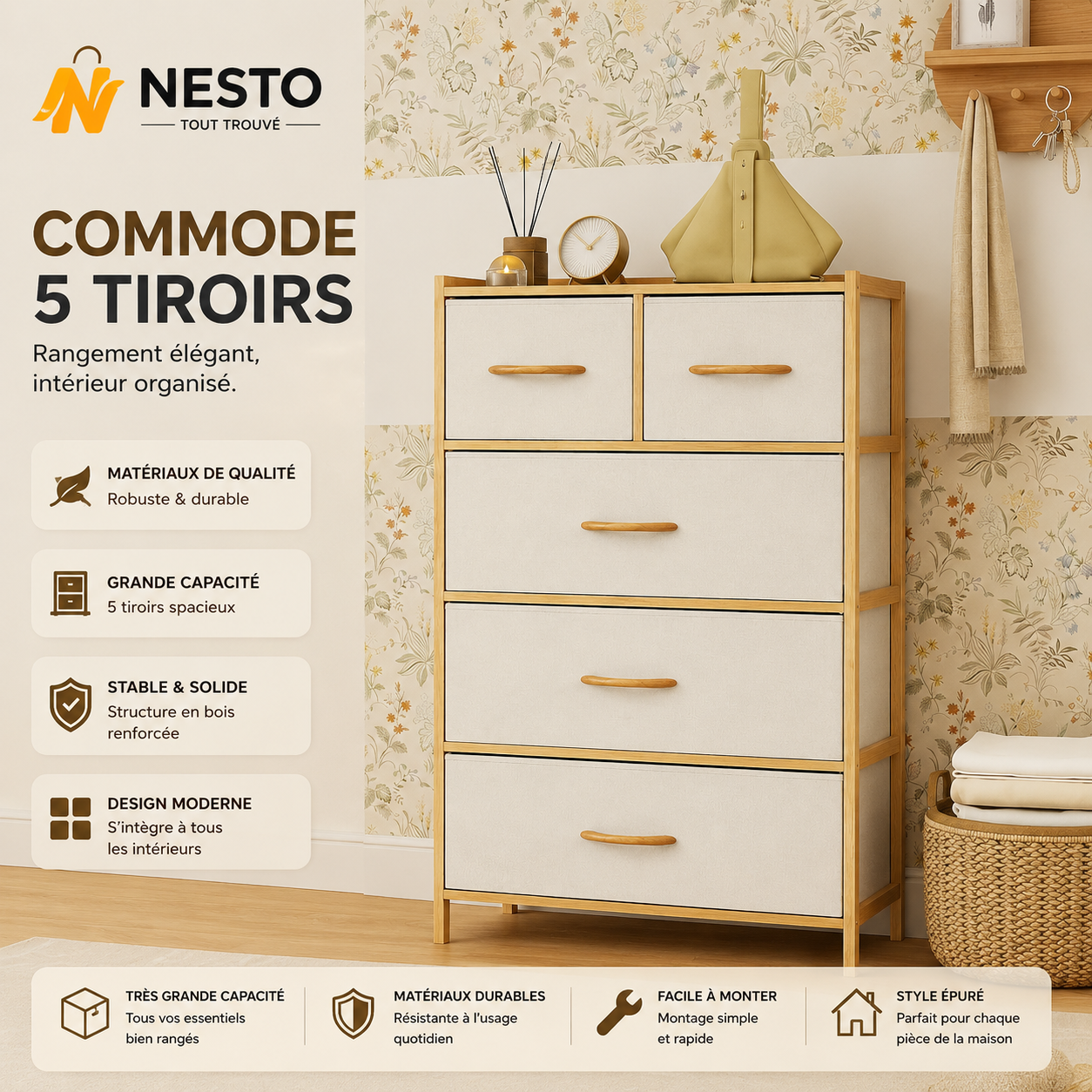 Commode 5 Tiroirs en Tissu et Bambou – Meuble de Rangement avec Dessus en Bois