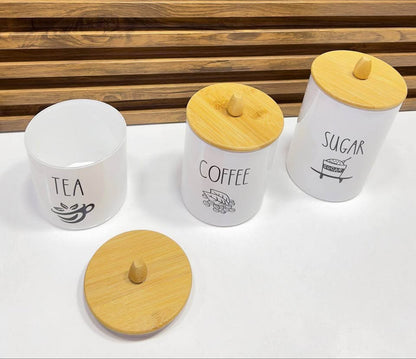 Ensemble Organisateur Café, Thé, Sucre avec Couvercles en Bambou