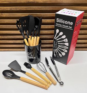 Ensemble d'ustensiles de cuisine en silicone avec manches en bois et support