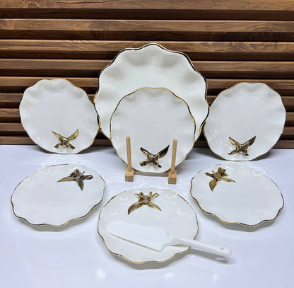 Ensemble de service à gâteau et fruits en céramique, avec bords dorés et design papillon (9 pièces)