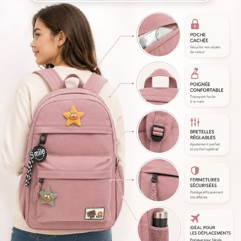 Sac à Dos Scolaire Tendance – Design Étoile & Grande Capacité