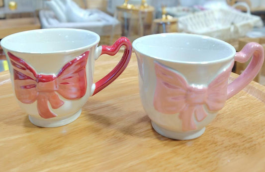 Ensemble 2 Tasse en Céramique Ruban et Poignée Cœur – Mug Romantique Coquette Style