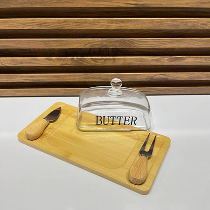 Beurrier en bois de bambou avec couvercle en verre et couteau à beurre assorti