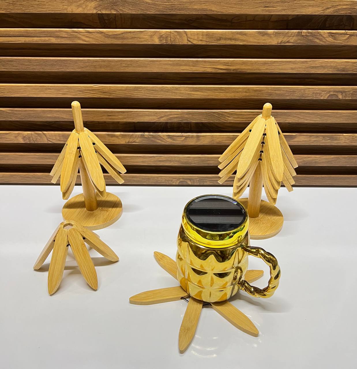 Ensemble de sous-verres pliables en bambou avec support pour tasses - Design arbre