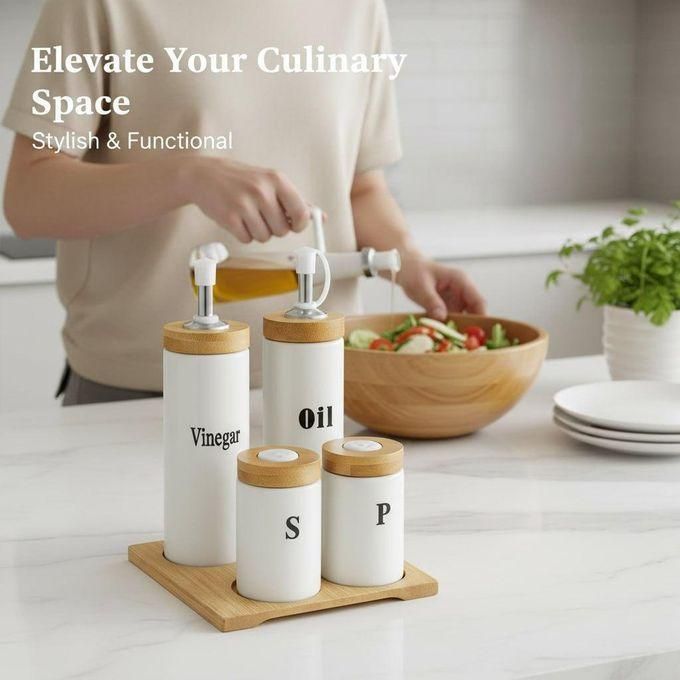 Service de Table Complet 5 Pièces : Bouteilles Huile & Vinaigre et Pots à Épices sur Support