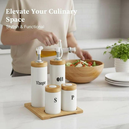 Service de Table Complet 5 Pièces : Bouteilles Huile & Vinaigre et Pots à Épices sur Support