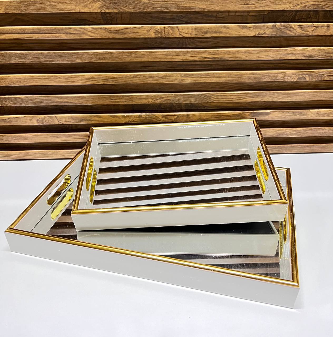 Ensemble de 3 Plateaux de Service en Bambou avec Poignées Dorées