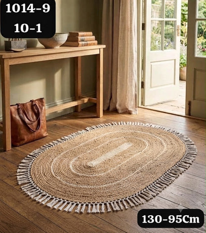 Tapis Ovale en Jute Naturel à Franges et Surpiqûres Blanches